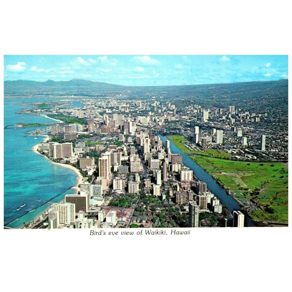 Postcard Waikiki beach hotels houses and apartments Hawaii OaVintage advertising